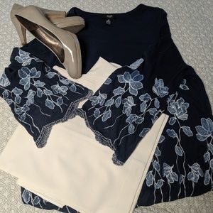 2X Navy Alfani top with lt blue and cream embroide